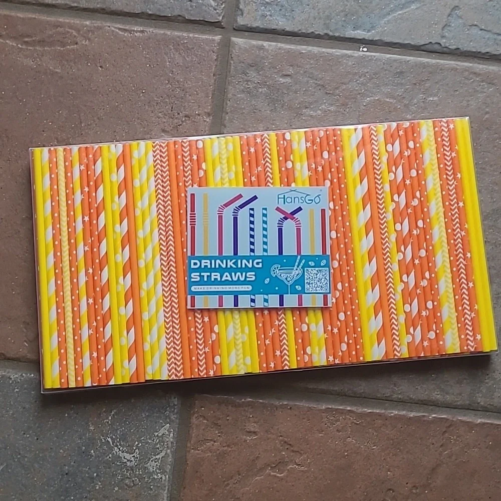 New in box! 180 orange yellow paper party drinking straws festive box set